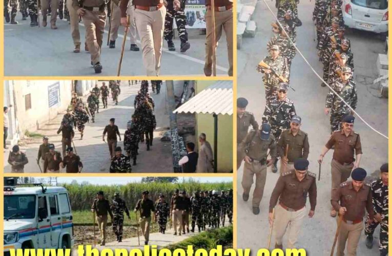 Flag march of Jhabreda police along with CPMF to conduct the upcoming Lok Sabha elections 2024 safely. Flag march led by Area Officer Mangalore.